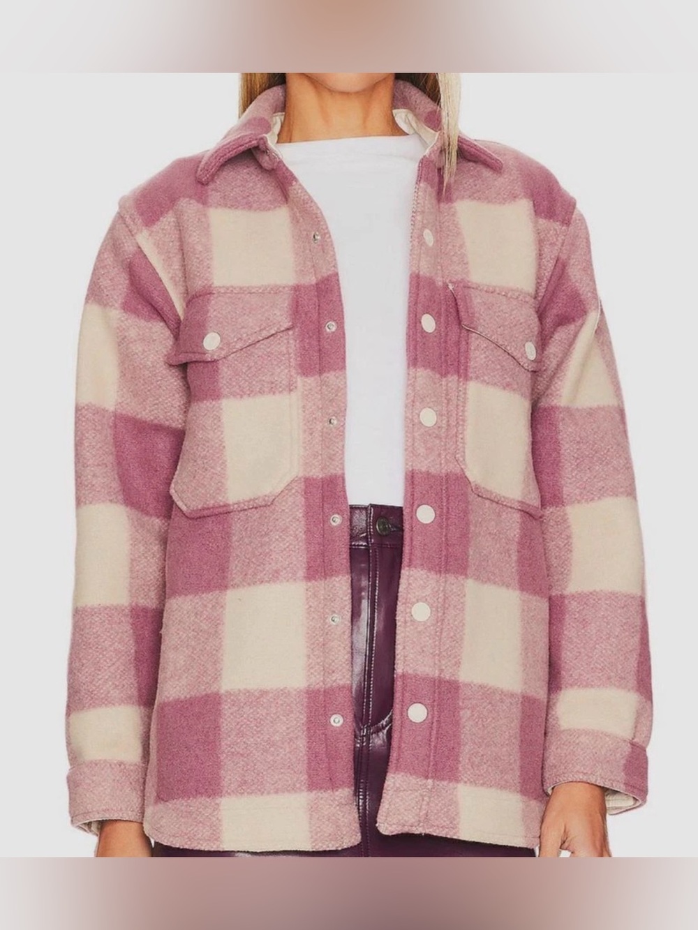 $450 Mother Women's Pink The Bonfire Check Snap-Front Jacket Coat Size Sm